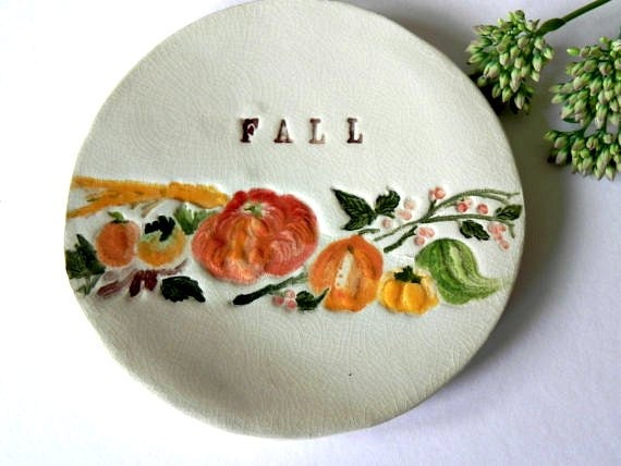 Fall Ceramic Dish Pumpkins Pottery Small Plate Autumn Leaves and Letters - Ceraminic