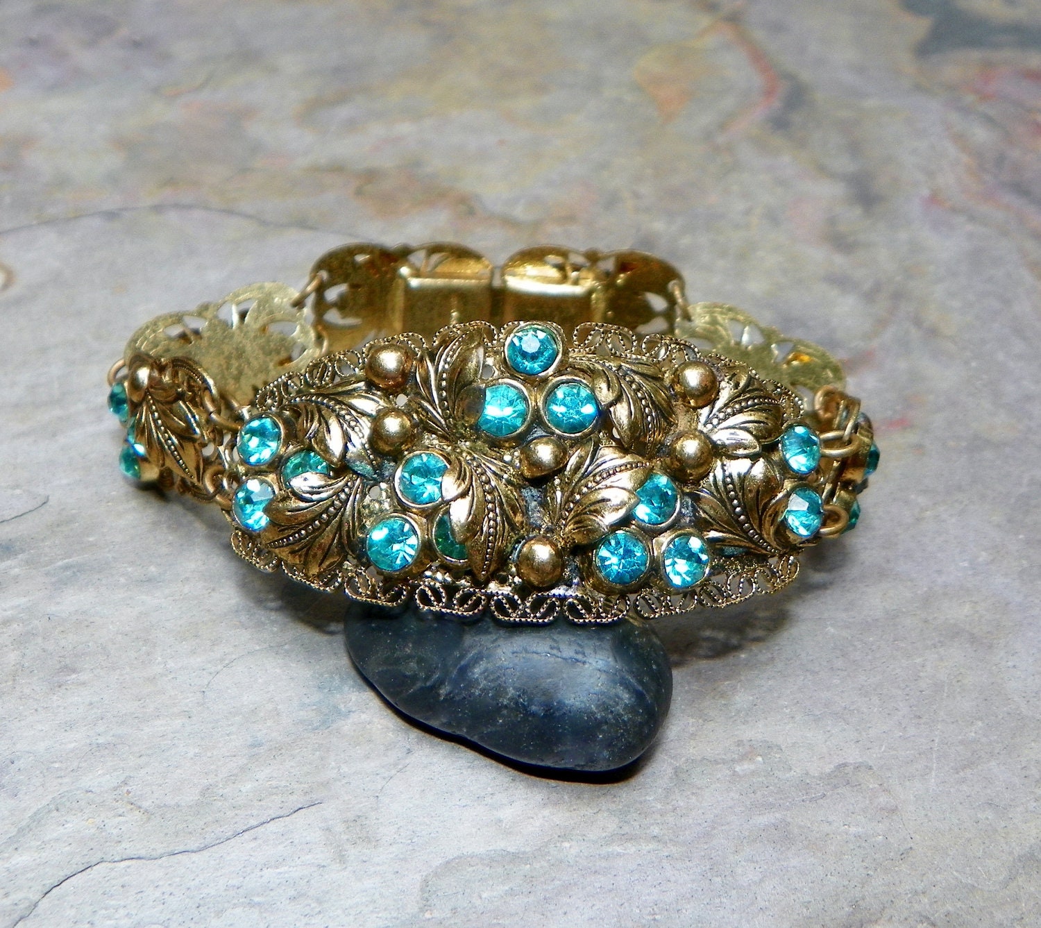 20 30s Deco Czech Peacock Turquoise Filigree Bracelet