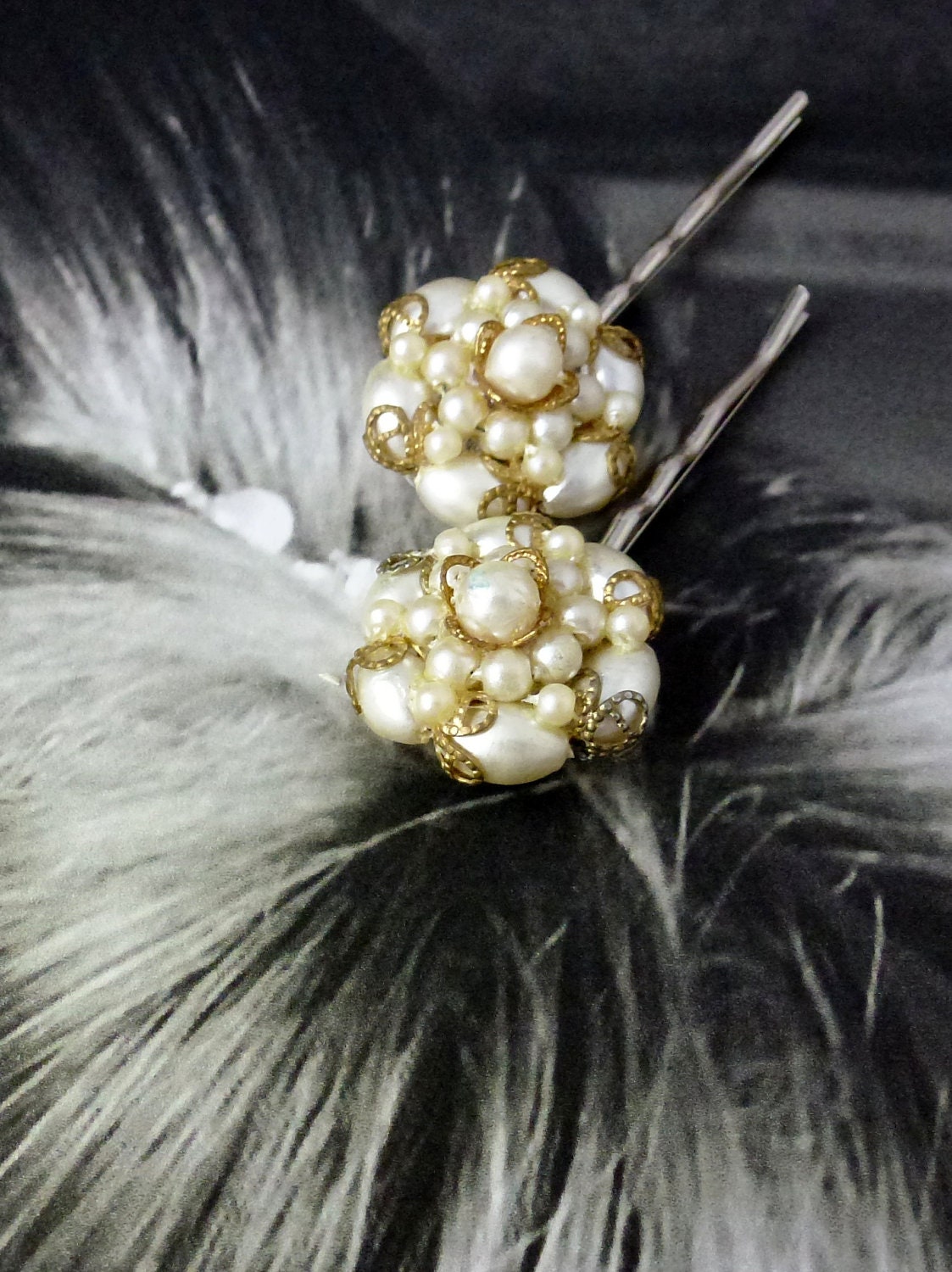 Romantic Winter Bridal Pearl Filigree Hair Pins, Vintage Recycled