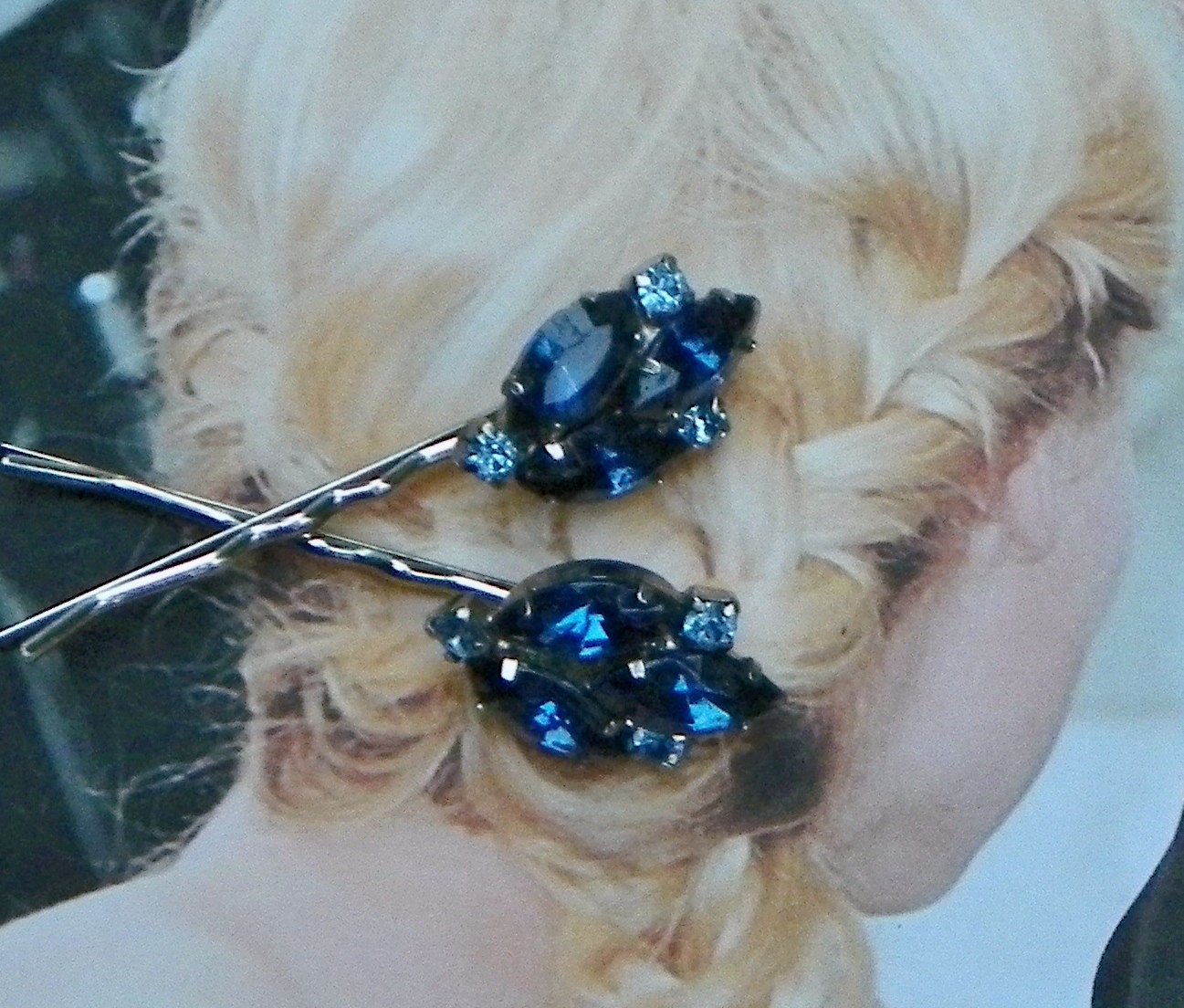 Winter Bridal Blue Rhinestone Hair Pins, Vintage Recycled