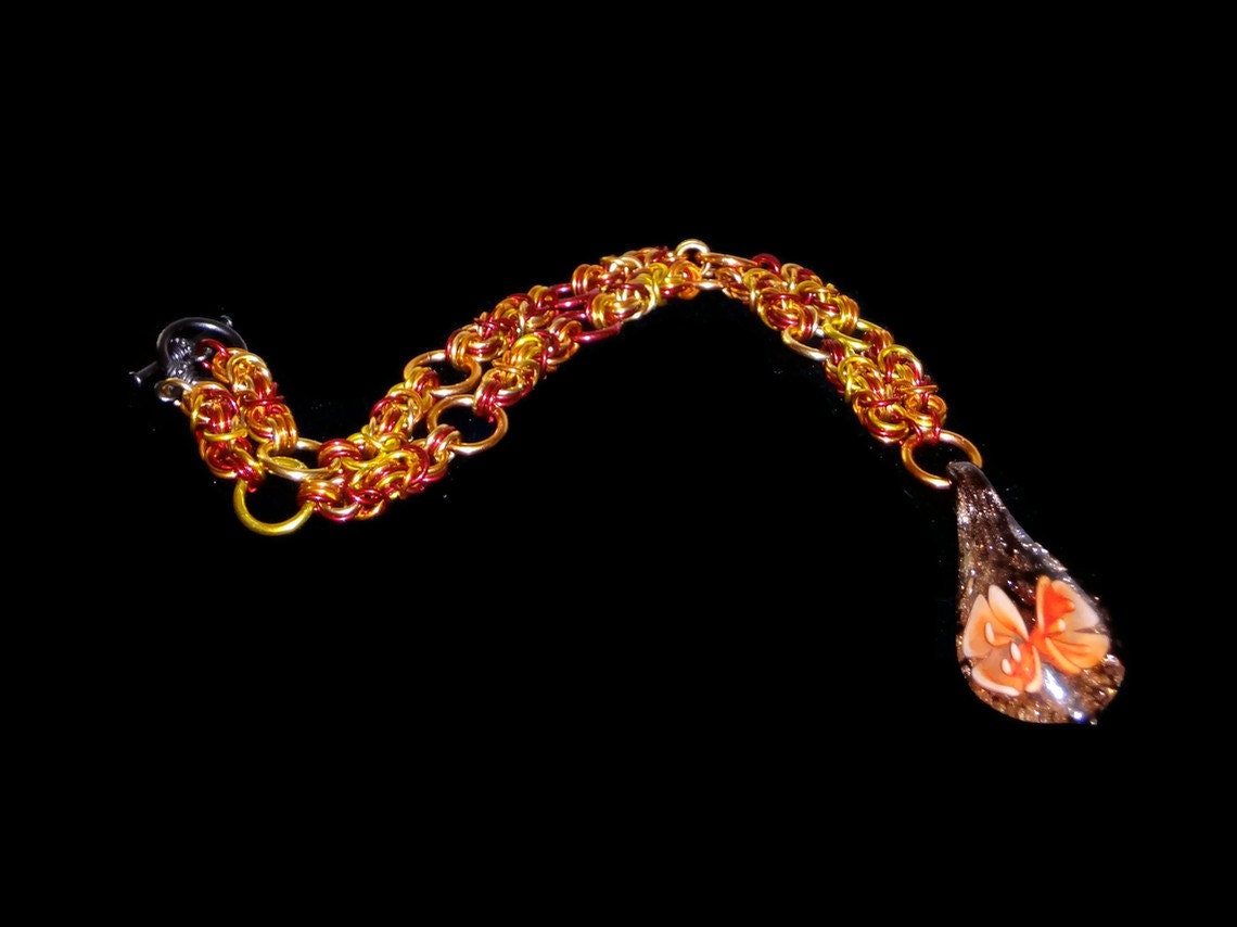Flower Glass Focal Bead on a Byzantine Chainmaille Necklace