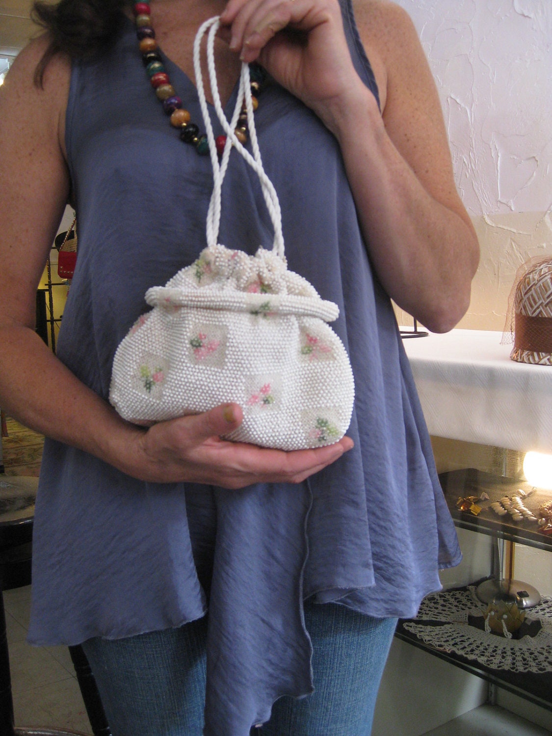 Beaded Pouch: Vtg 50s Lumared White Drawstring Beaded Pouch with Pink Roses