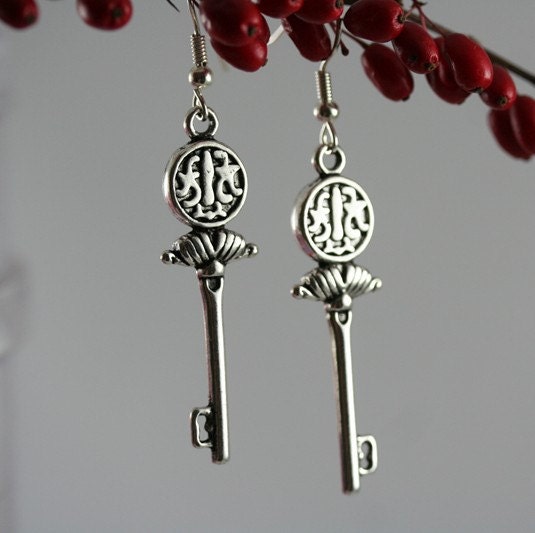 Alice In Wonderland Key To Door Too Small Key Earrings Stars Wings Tribal Design Key Earrings Celtic Earrings