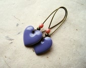 Purple Heart Earrings. Valentine's Day Gifts Pastel Purple Earrings Lavender Enamel Heart Charm Earrings on Long Bronze Ear Wires.