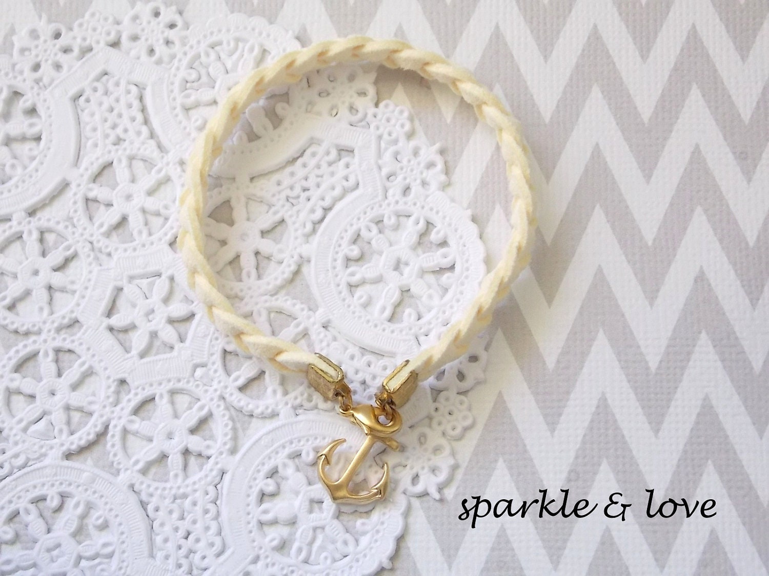 Ivory Cream Leather Braided Nautical Sailor Bracelet with Gold Anchor Charm