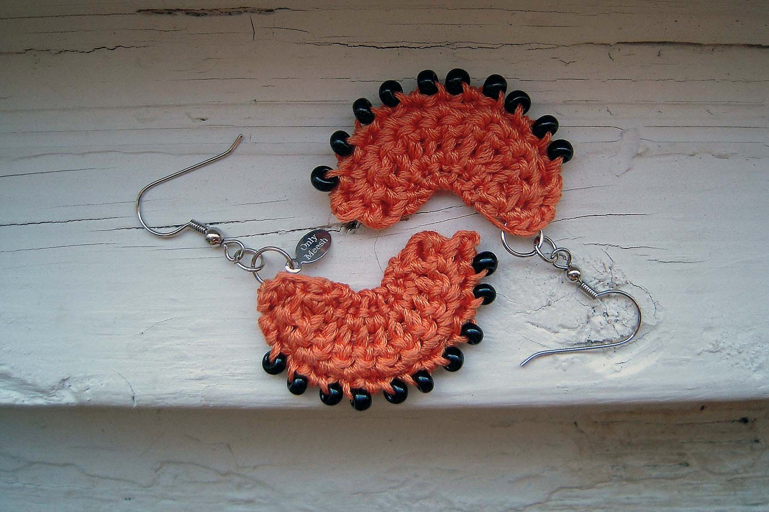 Crochet Beaded Dangle Earrings - Burnt Orange with Black Beads