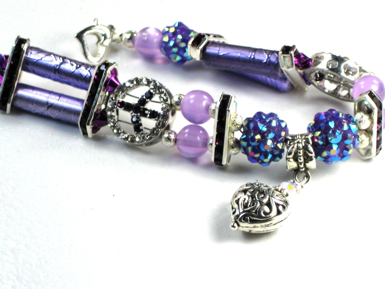 Lavendar Crystal Peace Sign Bracelet Shamballa/Cats EYE Purple Beads Silver Heart Charm Dangle Peace Sign Pave Crystaled Lavendar Cats Eye