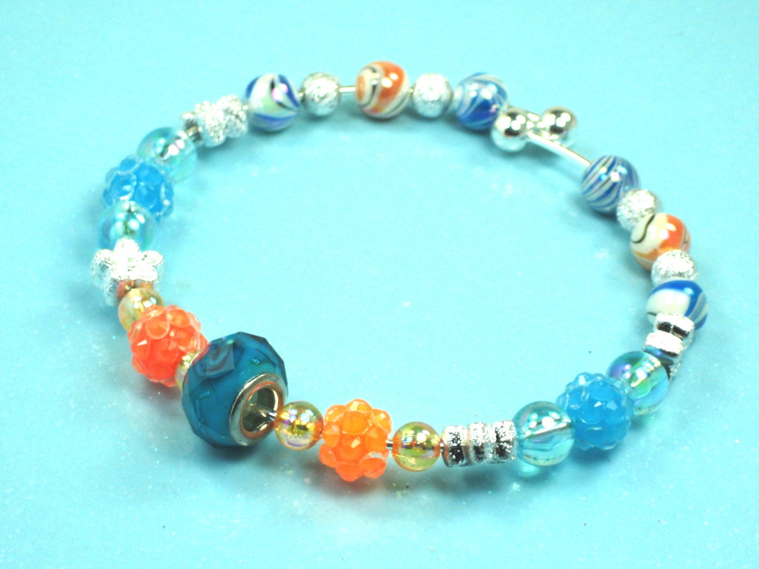 Blue and Orange Bangle Bracelet Silver Shiny Bangle Blue Flash Beads Lampwork Beads Bangle Orange Shamballa Beads Flower Beads Silver Bangle
