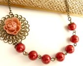 Flower necklace red glass pearls dusty rose bib asymmetrical vintage style free matching earrings
