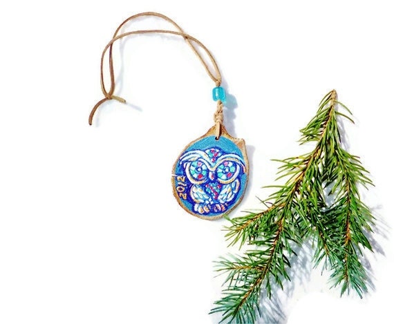 Owl Ornament Hand-painted wooden with suede cord, personalizable