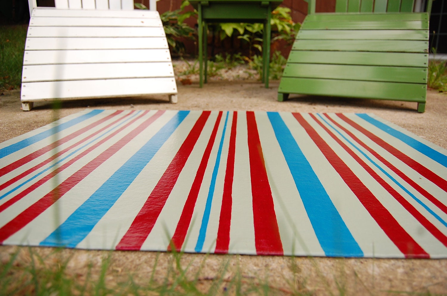 red, blue, and slate green striped floorcloth, canvas art for your floor