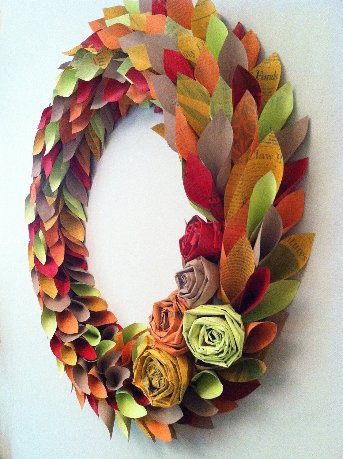 fall wreath paper - fall colors - large 22 inch newspaper rosette and leaf - weirdlittleworld