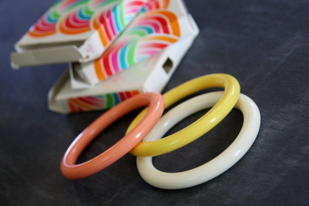 Vintage 1979 Avon Bangle Bracelets - Set of Three with Original Boxes - Coral, Yellow, White