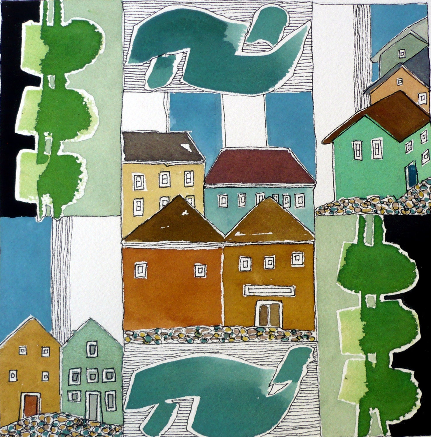 Original Art "Sea Breeze Houses." Original Watercolor Painting.