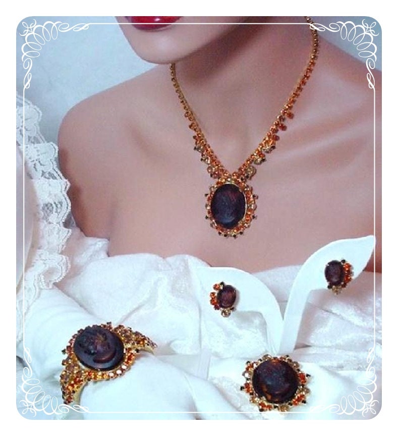 Juliana Cameo Parure Jaw Dropping Amber Rhinestone D&E  495a-010107200