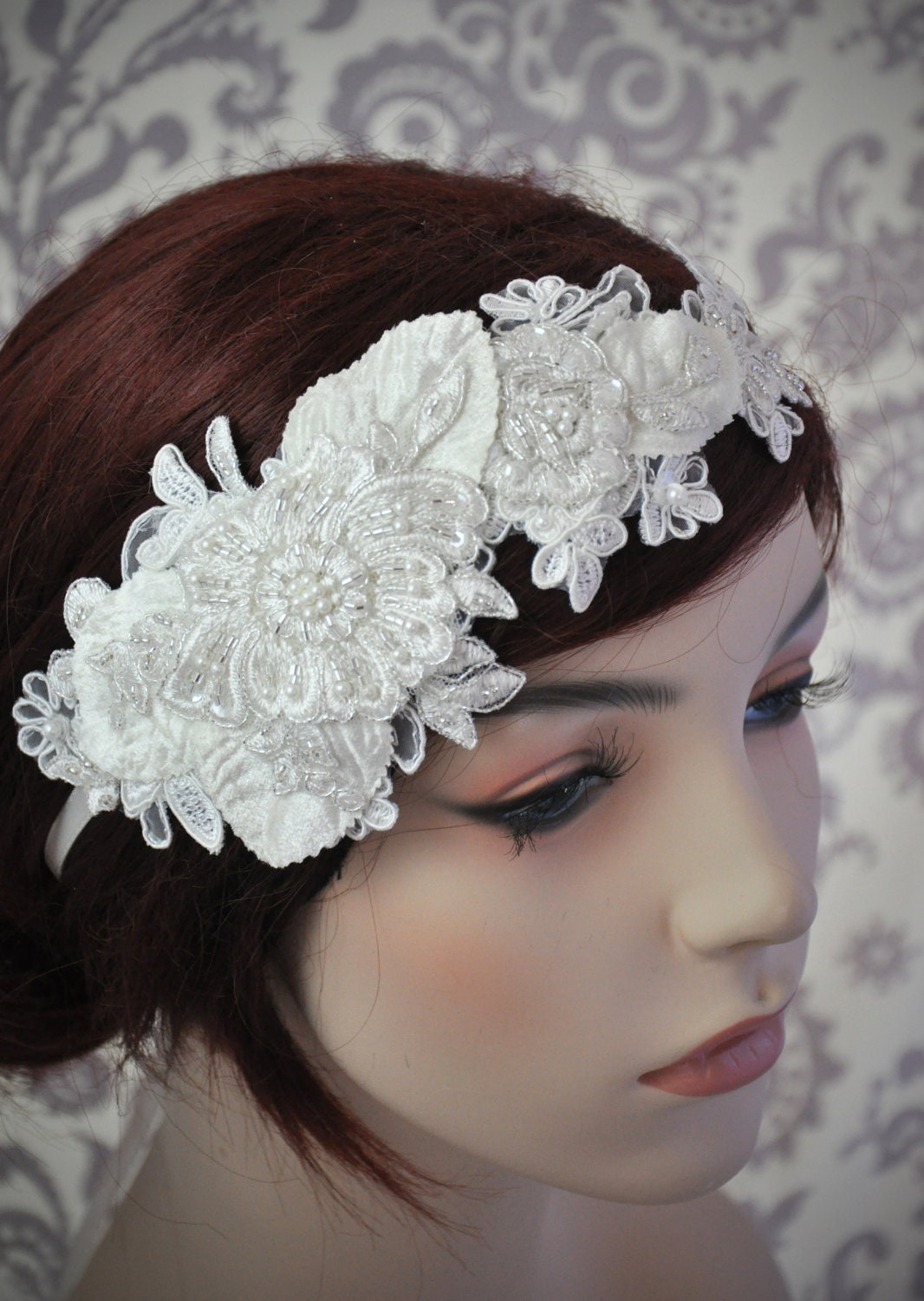 Lace Headpiece, Bridal Hair Accessories, Lace Headband, Bridal headband, Beaded Lace Hair Piece, white, ivory