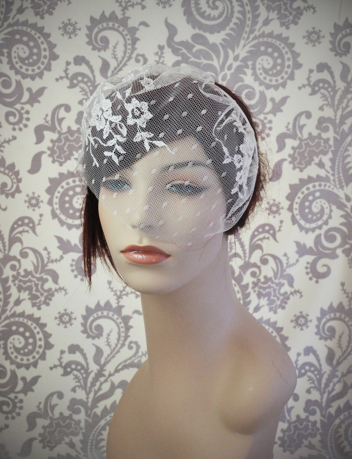 Lace Birdcage Veil with Polka Dots, Satin Headband Veil with Flowers and Vines, Vintage Style Birdcage Veil, Vintage, Woodland, white, Ivory