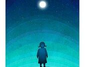 Illustration - Moonlight - 10x14 Fine art illustration - Fine art print, Art Poster, wall art, wall decor, Love, blue, night, moon, stairs