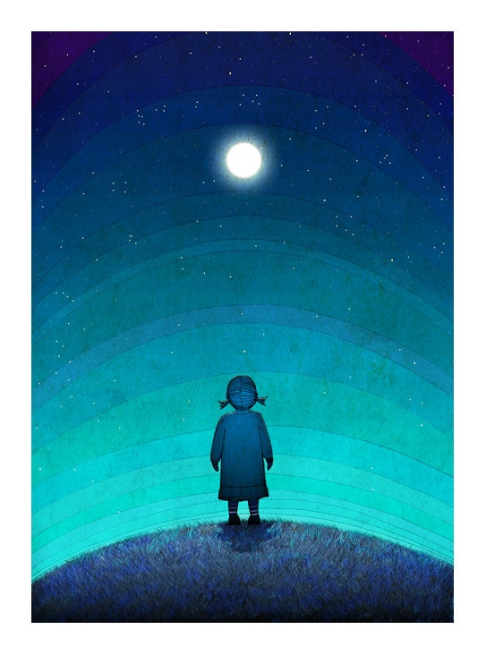 Illustration - Moonlight - 10x14 Fine art illustration - Fine art print, Art Poster, wall art, wall decor, Love, blue, night, moon, stairs