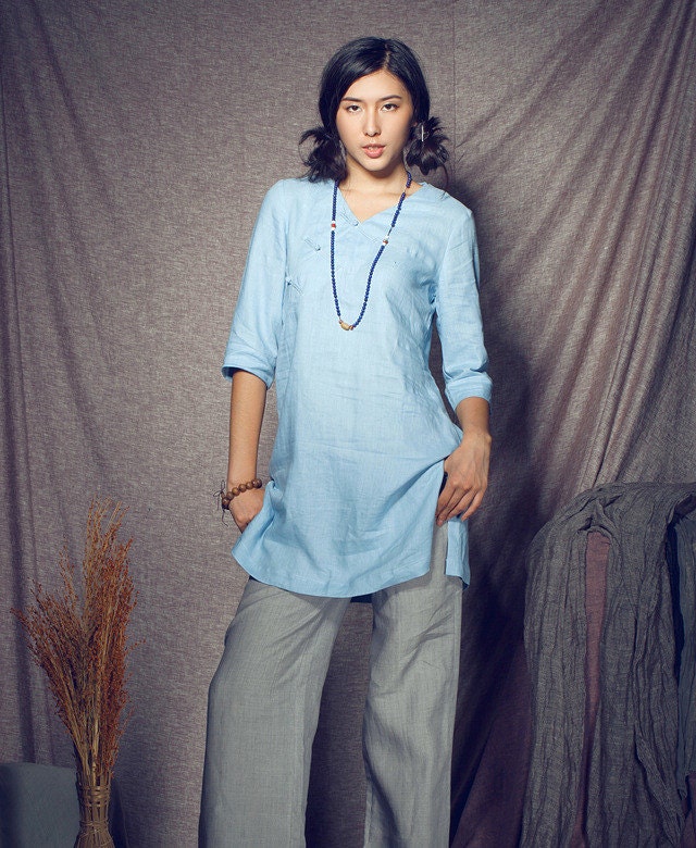 Linen Tunic Top / Blue Shirt / Blouse- custom made