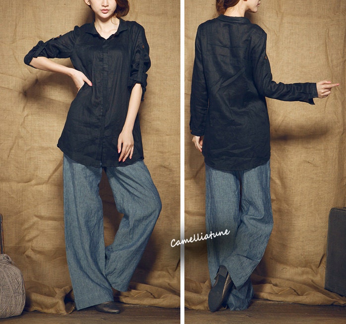 women's black shirt / linen longsleeve tunic top - custom