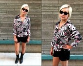 Vintage 80's Floral Abstract Button Up Blouse Striped with Polka Dots