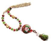 Green, red indian beads, enamel pendant ethnic necklace-Afghan Tassel Necklace, OOAK, Valentines,