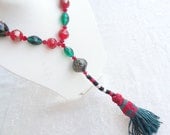 Green & Red, Afghan Tassel Necklace -Indian Bead Necklace-Feminine, Handmade, OOAK, Christmas,