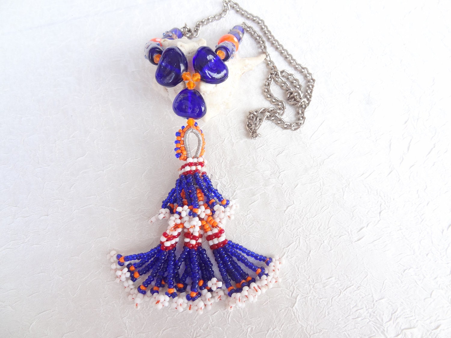 Orange & Cobalt Blue, Afghan Tassel Necklace -Indian Bead Necklace-Feminine, Handmade, OOAK, Christmas,
