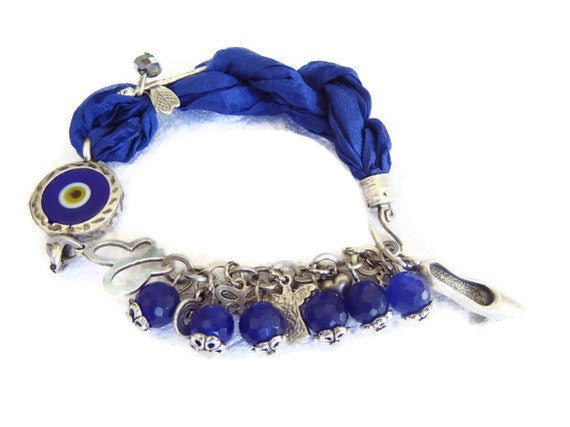 Navy Blue Luck Evil Eye Bracelet-Turkish Silk Bracelet-Silver Plated Bracelet-Traditional Bracelet