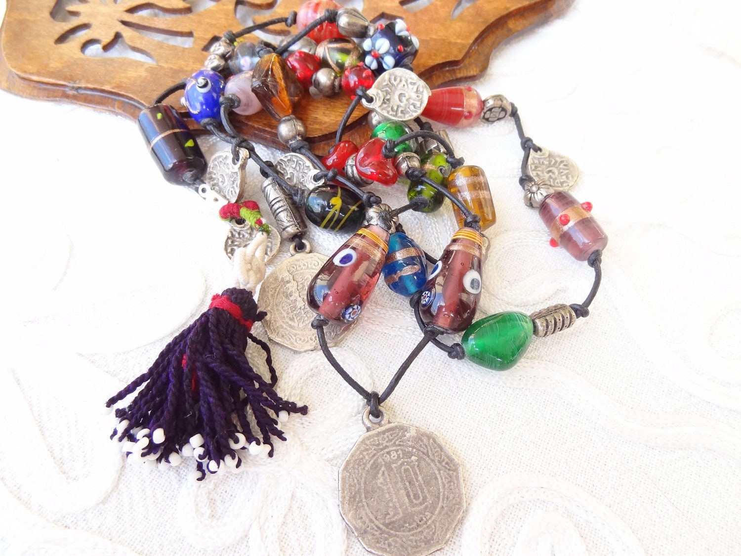 Afghan Bead Tassel Glass Beads Leather Rope Necklace or Belt-Authentic, Exotic Necklace, OOAK, Valentines,