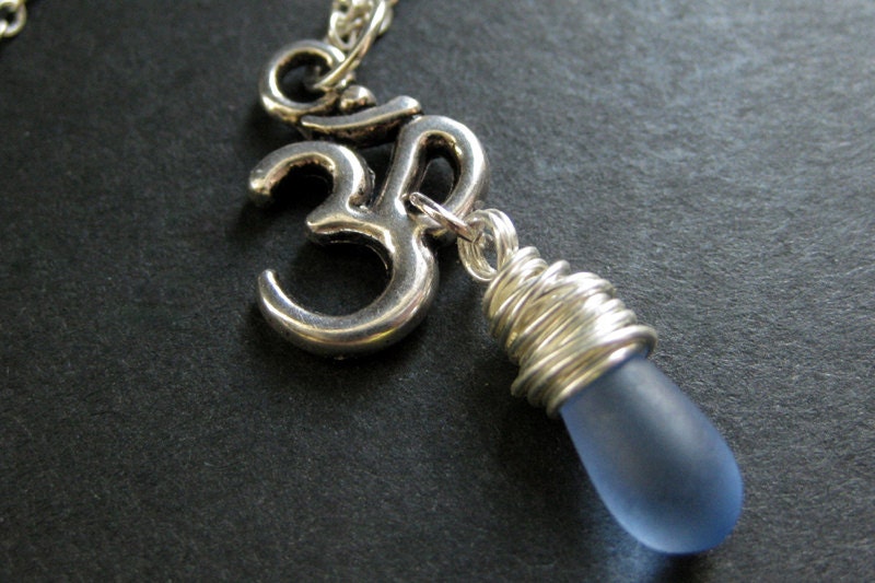 Ohm Necklace in Silver. Yoga Necklace. Teardrop Necklace. Yoga Jewelry. Clouded Blue Necklace. Handmade Jewelry.
