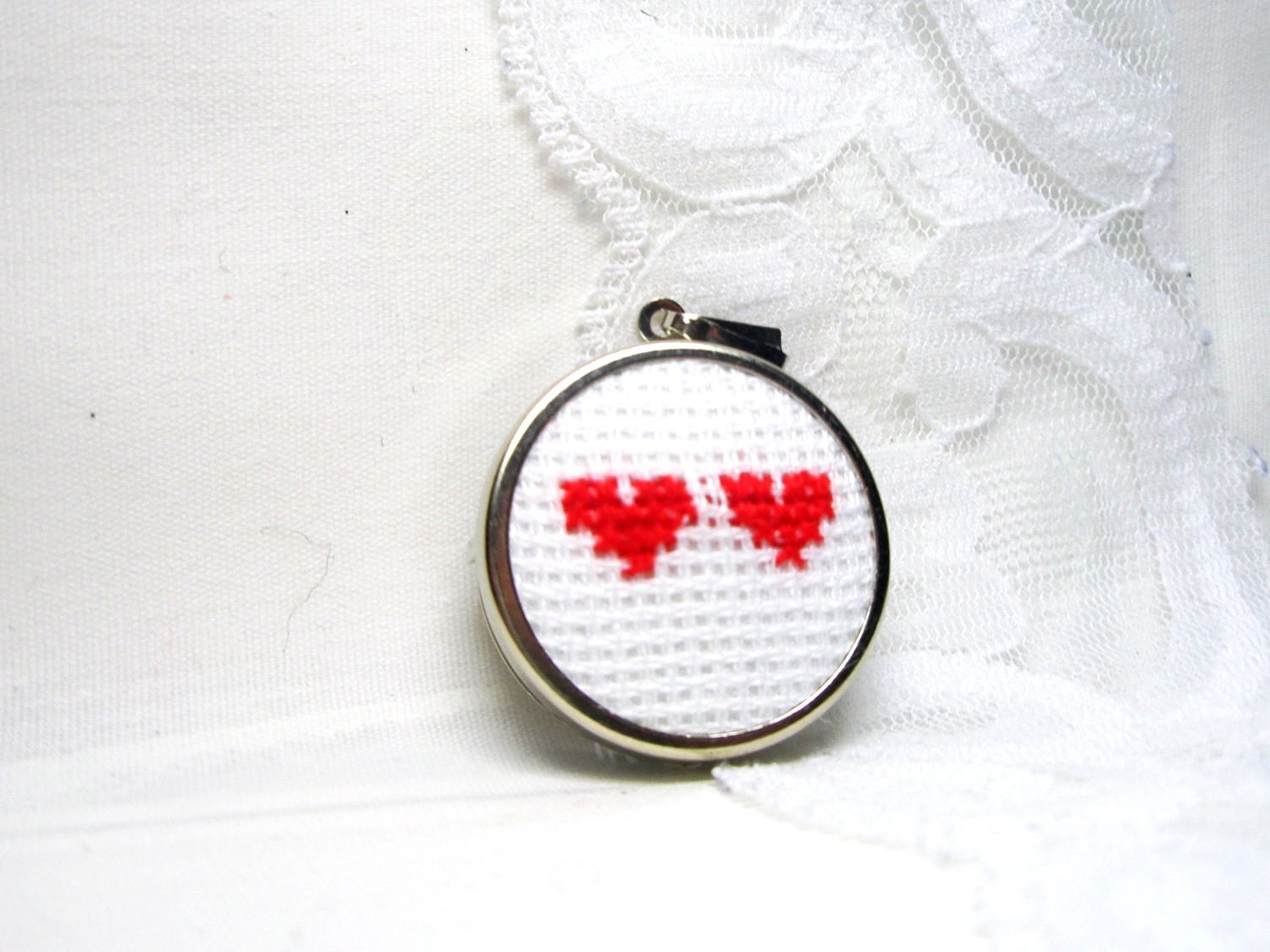 Red heart necklace Hand embroidery pendant