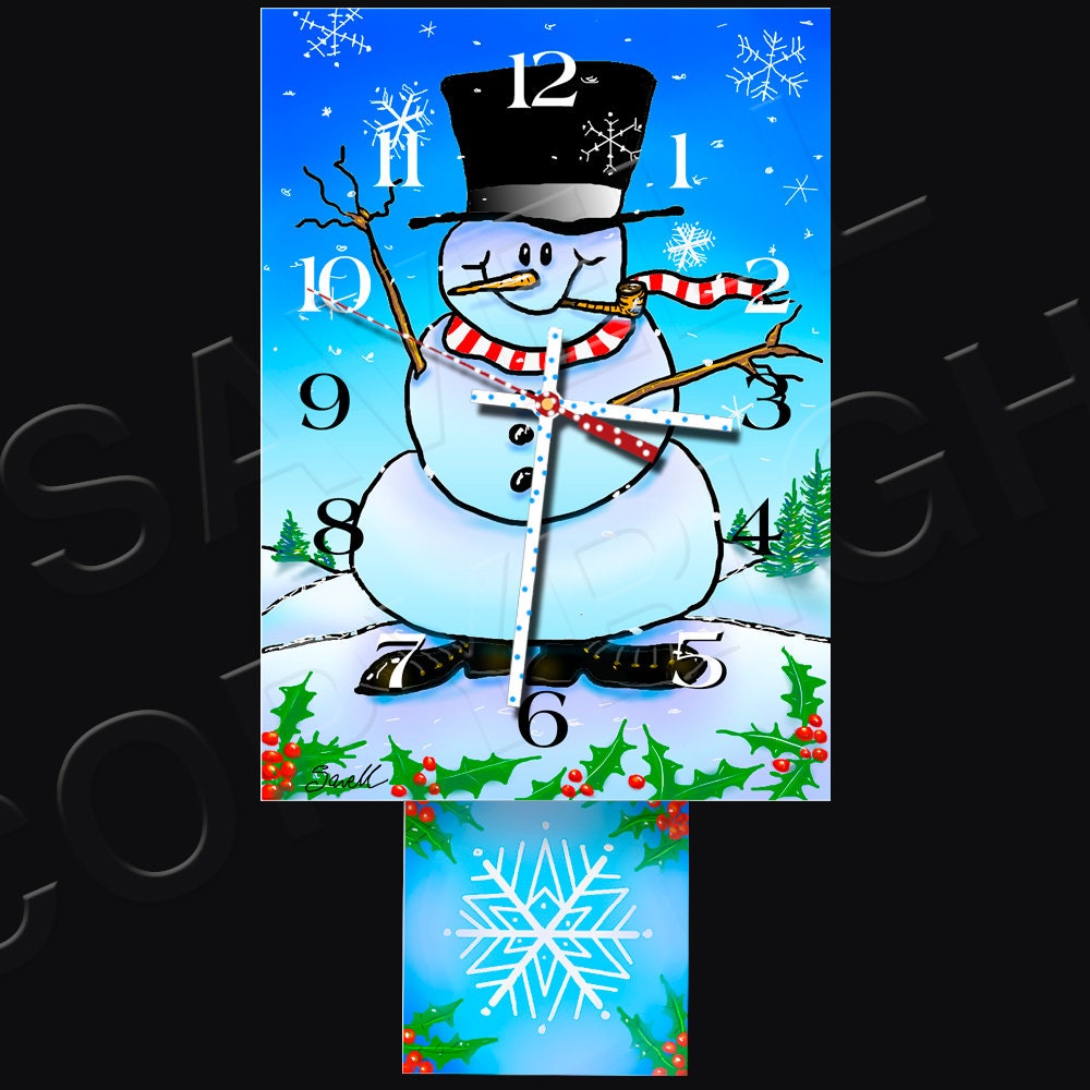 Snowman Clock with Snowflake Pendulum, Seasonal, Winter Clock, Holidays, Christmas