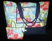 Extra Large Tropical Beach Bag Tote and matching Cosmetic Bag/Purse pouch, Handmade