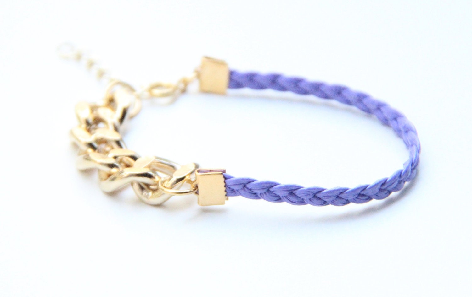 ON SALE: Arm Candy - Gold chunky chain with purple Leather braid Bracelet - 24k gold plated