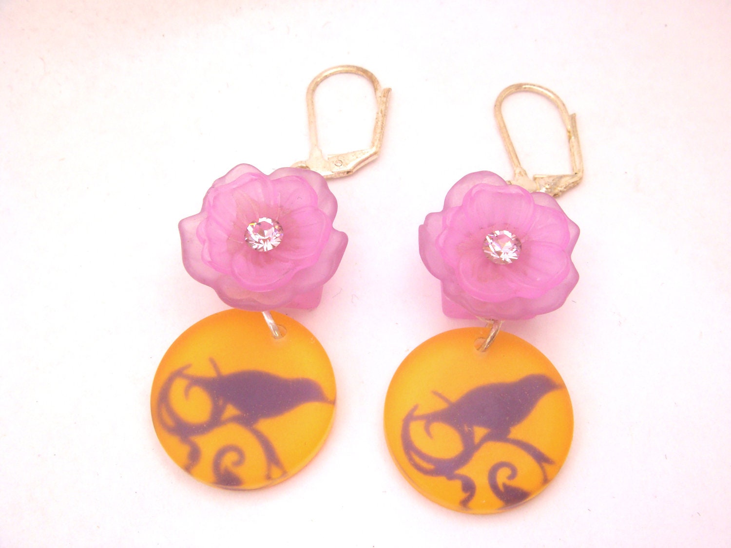 Lavender and Orange Resin Bird Earrings