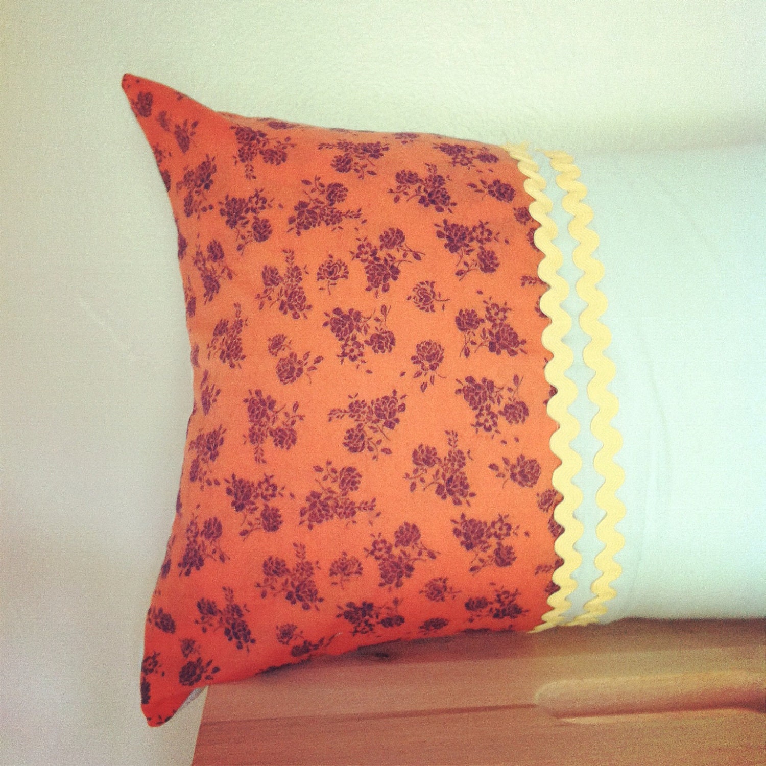 Navy floral pillow cover, burnt orange, yellow gimp, robins egg blue, 12x18 inches