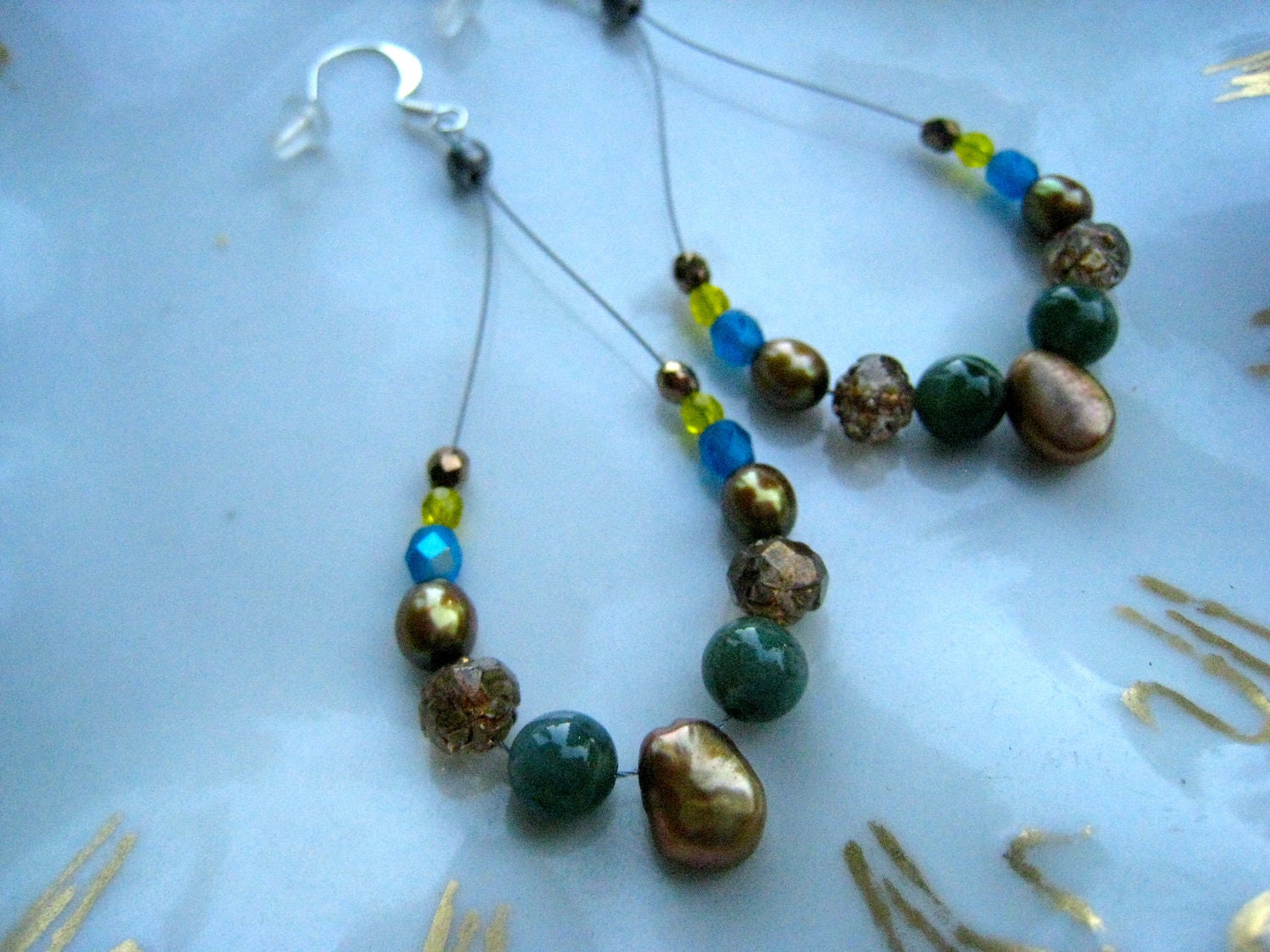 Earth tones,  Swarovski Crystal, Freshwater Pearls, Green Jade beads on Accuflex wire teardrop  dangle earrings