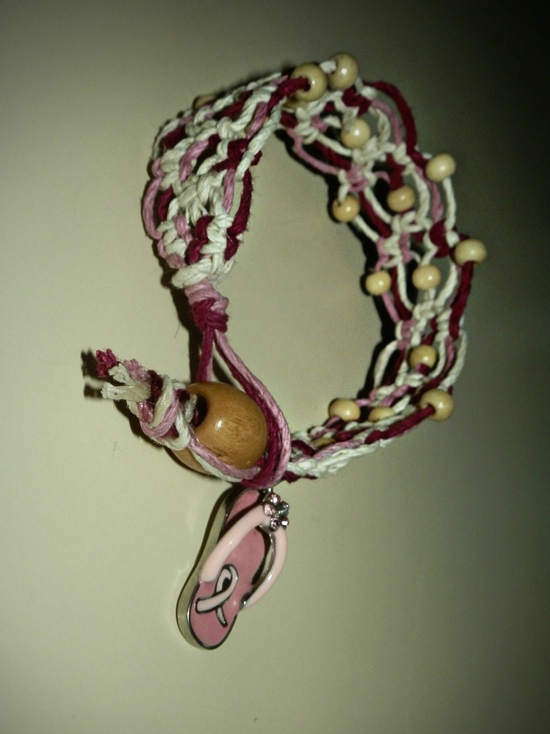 Breast Cancer Awareness Pink & White Hemp Bracelet with Pink Ribbon Sandal Charm and Wooden Beads