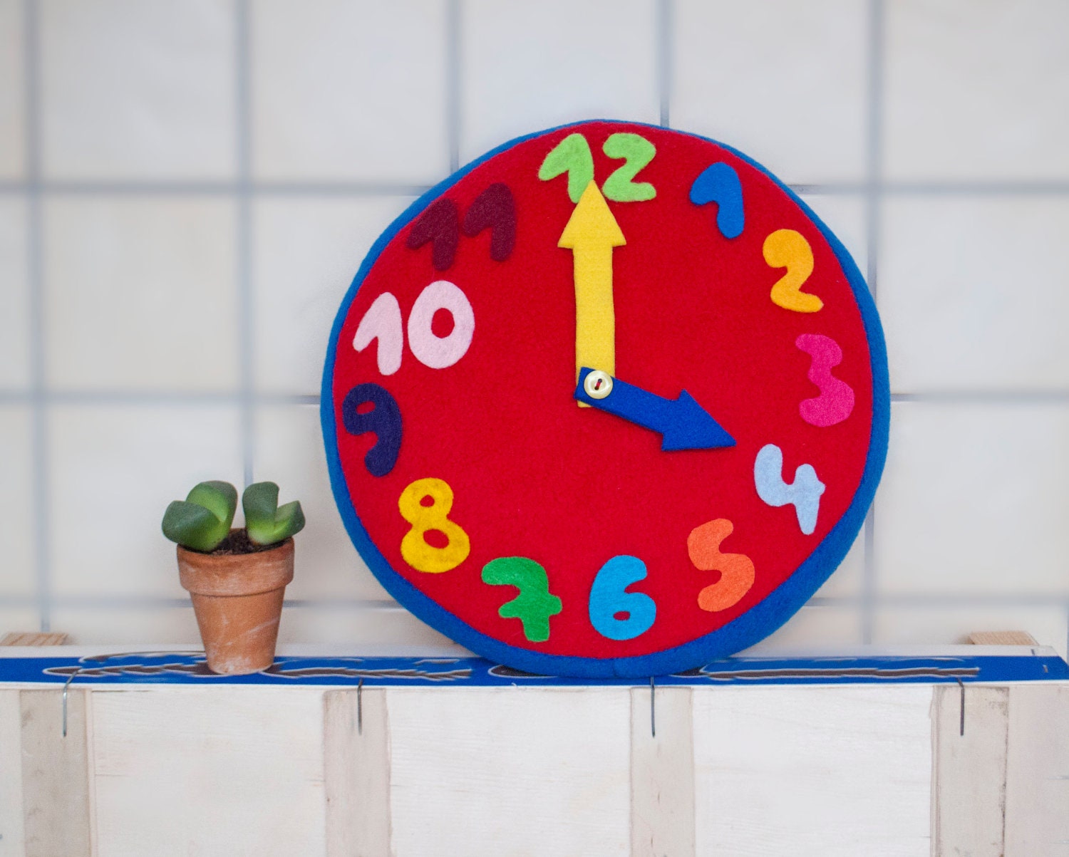 Fleece clock, learning time, nursery clock, colorful, felt clock, pillow, decor, red, yellow, blue