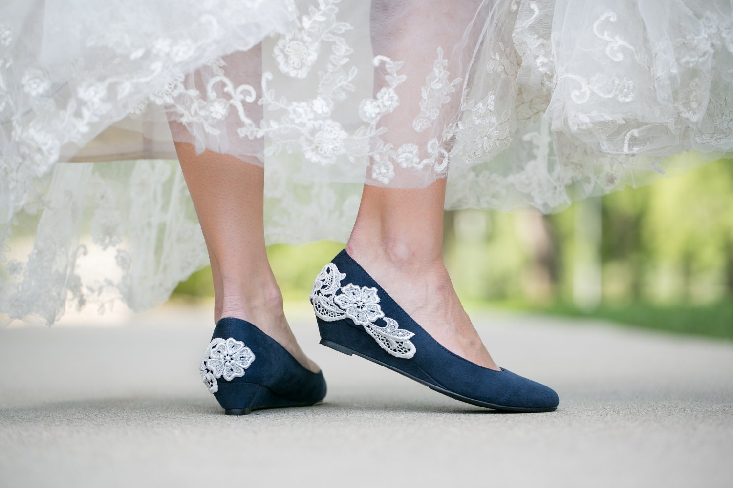 Navy blue ballet flat/low wedge wedding shoes with ivory lace applique. US Size 8