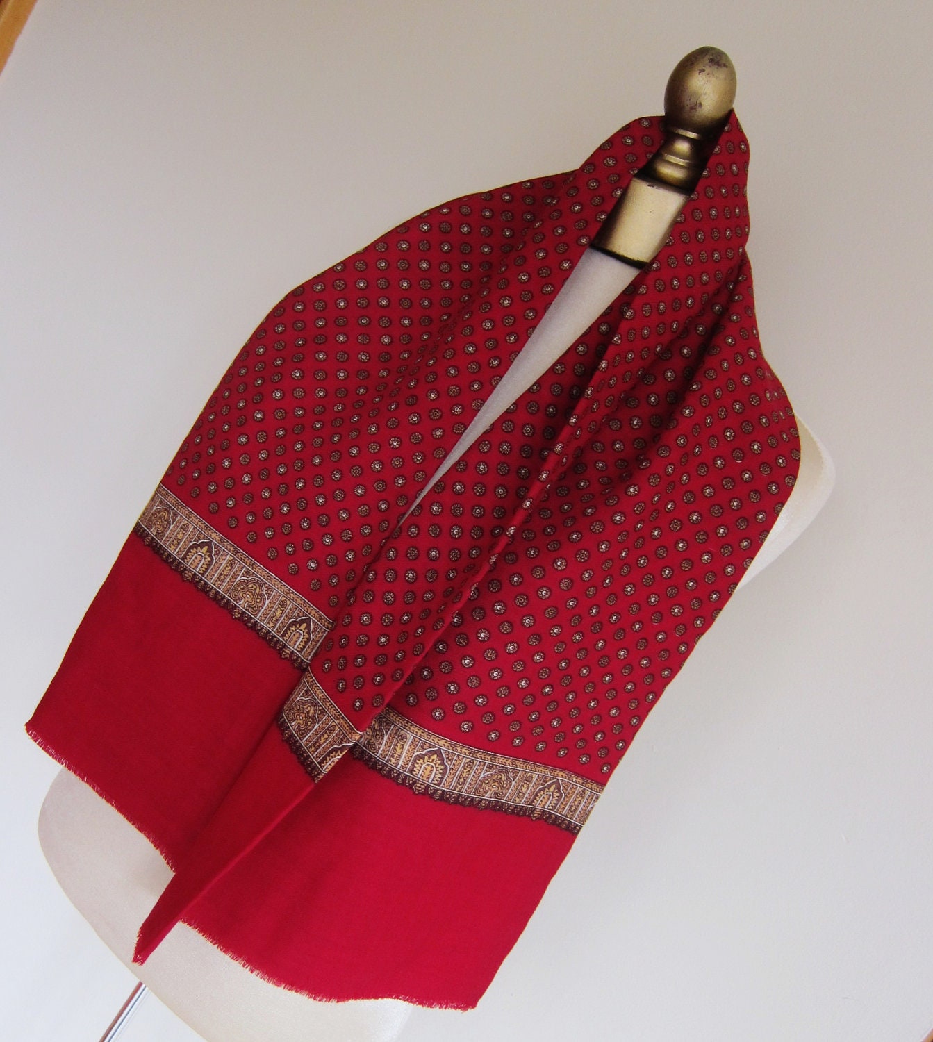 Mans vintage scarf traditional ruby red fine wool.