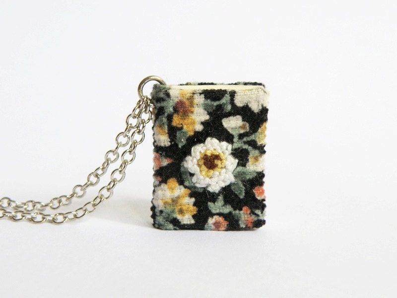 Miniature book necklace (Large), embroidery, flowers, gifts for her, gifts under 30