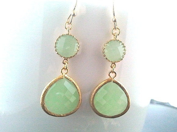 Light Mint Green Gold Earrings,Drop, Dangle, Glass Earrings, Gemstone,Wedding jewelry