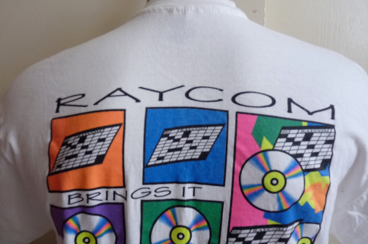 80's or 90's Neon CD-Rom motif Raycom micro graphis T-shirt, old school IT. Hanes Beefy T, size Large