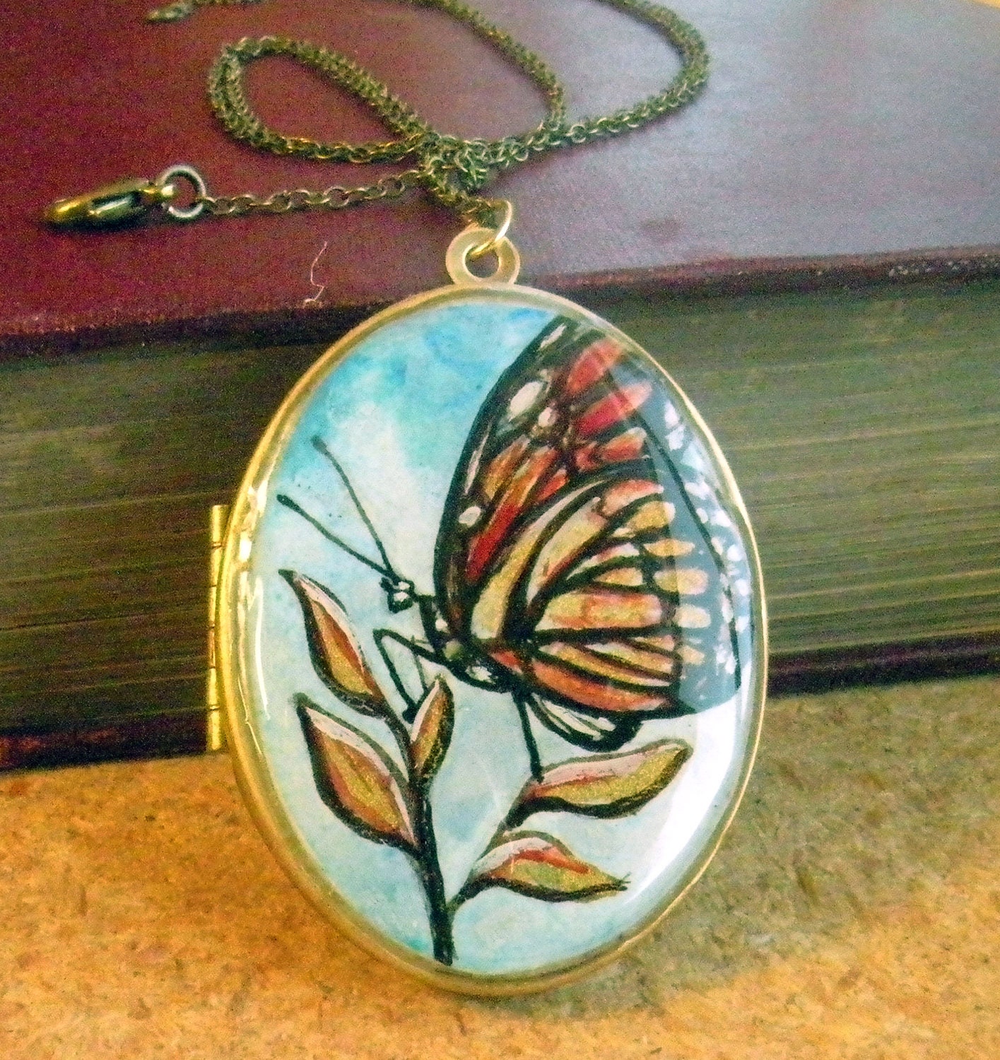 monarch butterfly locket, brass hand painted