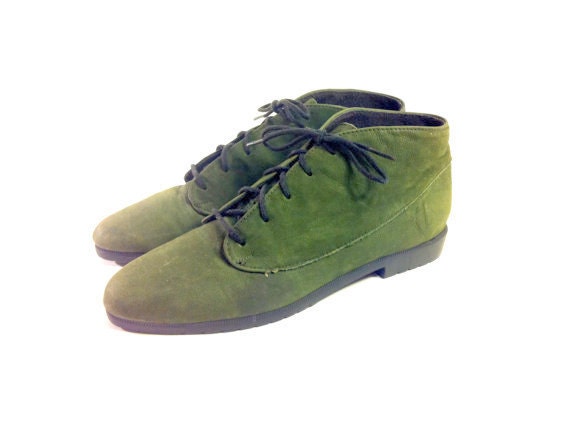 Green Leather Ankle Boot Oxfords 8 - Emerald Lace Up Granny Boots 8