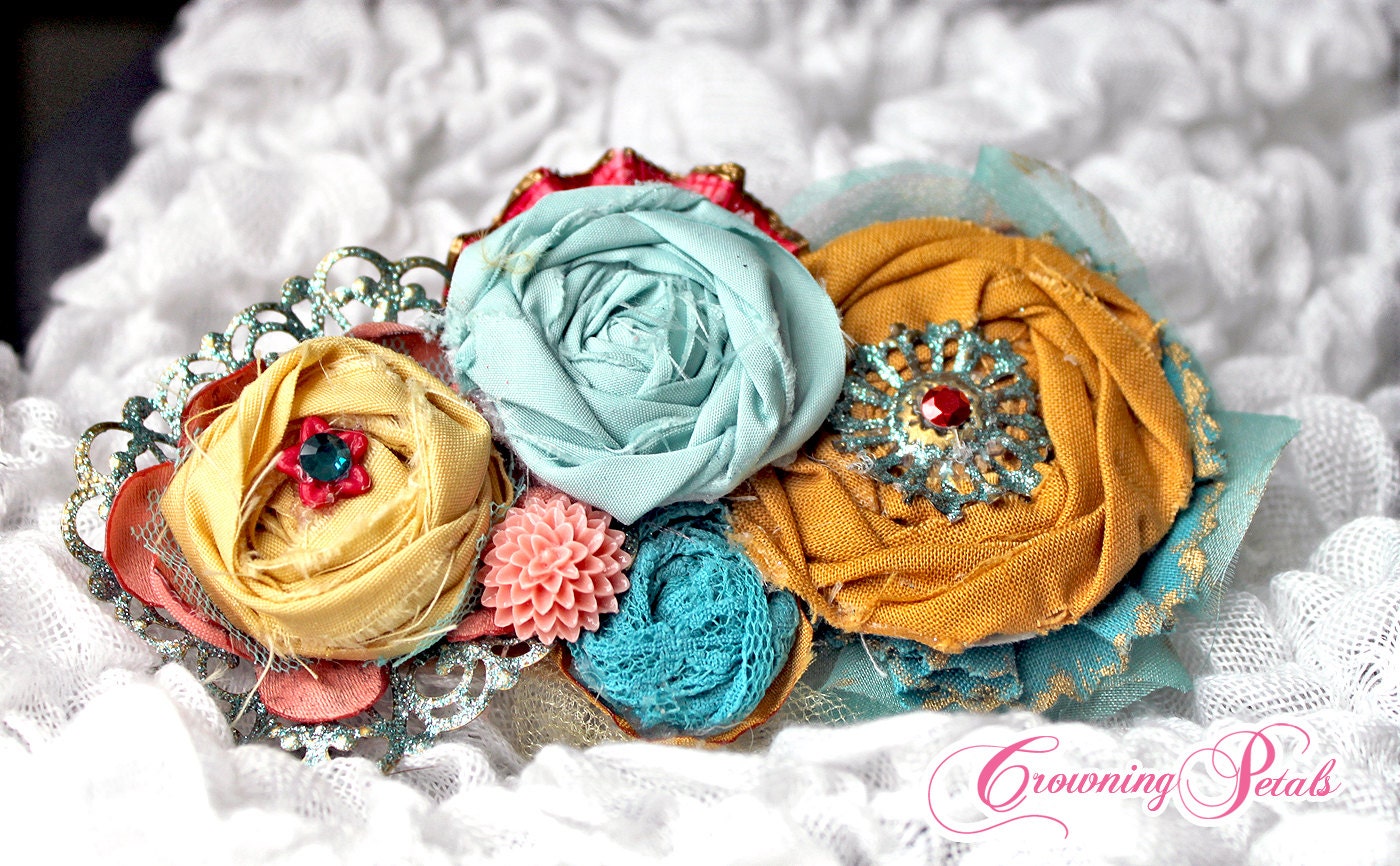 Fabric Flower Headband, Mustard, Coral, Turquoise, Aqua Flower Hair Accessories, Fabric Flower Brooch, Baby Girl Hair Bow, Vintage Headband
