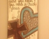 Phil. 4: 7 Brown  & Turquoise Paisley heart Cross Textured Canvas